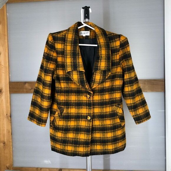 Vintage Jackets & Blazers - MAIYAU Orange Black Plaid 3/4 Sleeve Blazer Coat Sz 7 (Small)‎